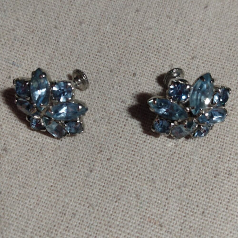 Vintage blue rhinestone floral design screw back earrings.